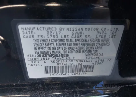 2017 Nissan Versa 1.6 Sv from USA, damaged, VIN 3N1CN7AP3HL848636